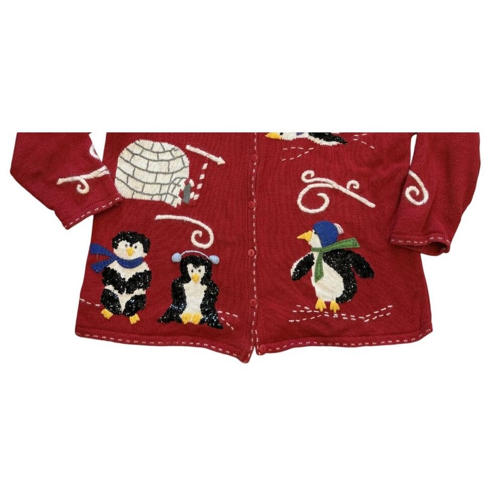 Quacker Factory Christmas Cardigan Sweater 1X Penguin Sequin Embroidered Vintage - Picture 3 of 7